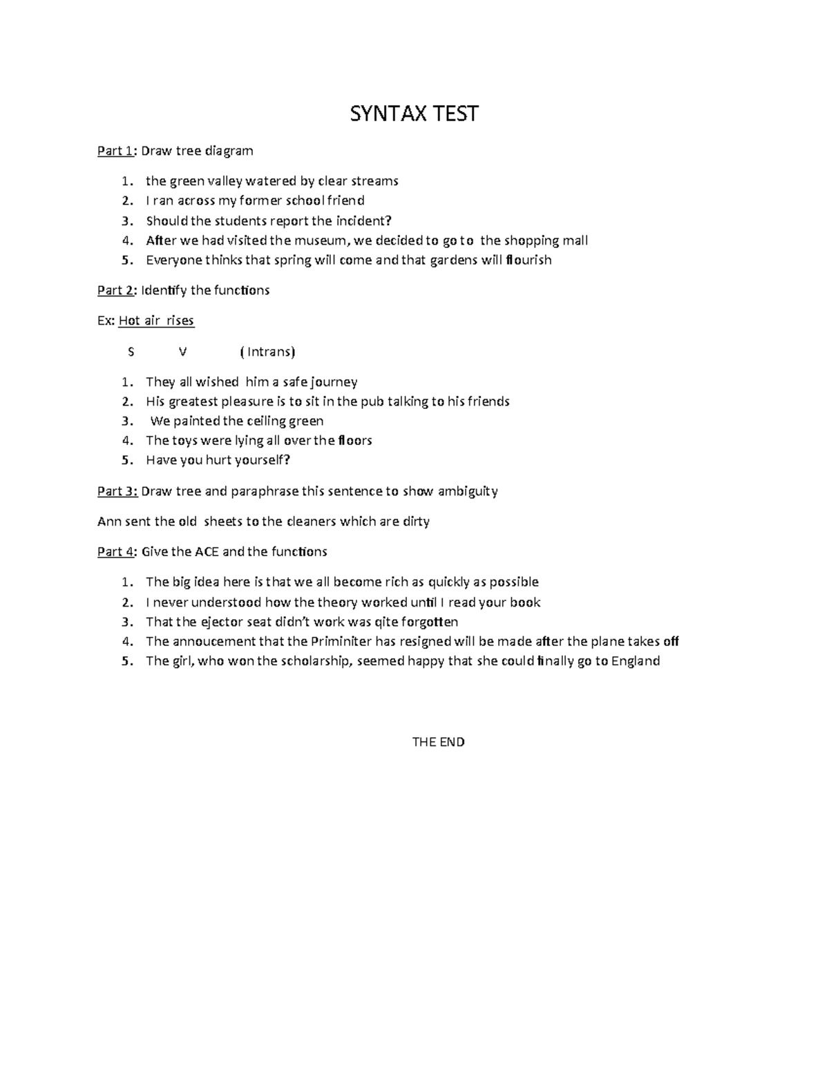 BAI-THI Syntax Test - T5-1 NHÃ LAN: Tree Diagrams & Functions - Studocu