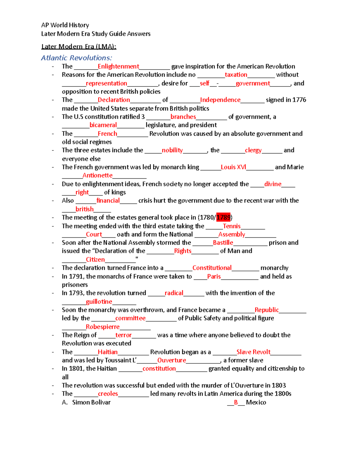 Later Modern Era (LMA) Study Guide: Key Concepts &amp; Answers - Studocu