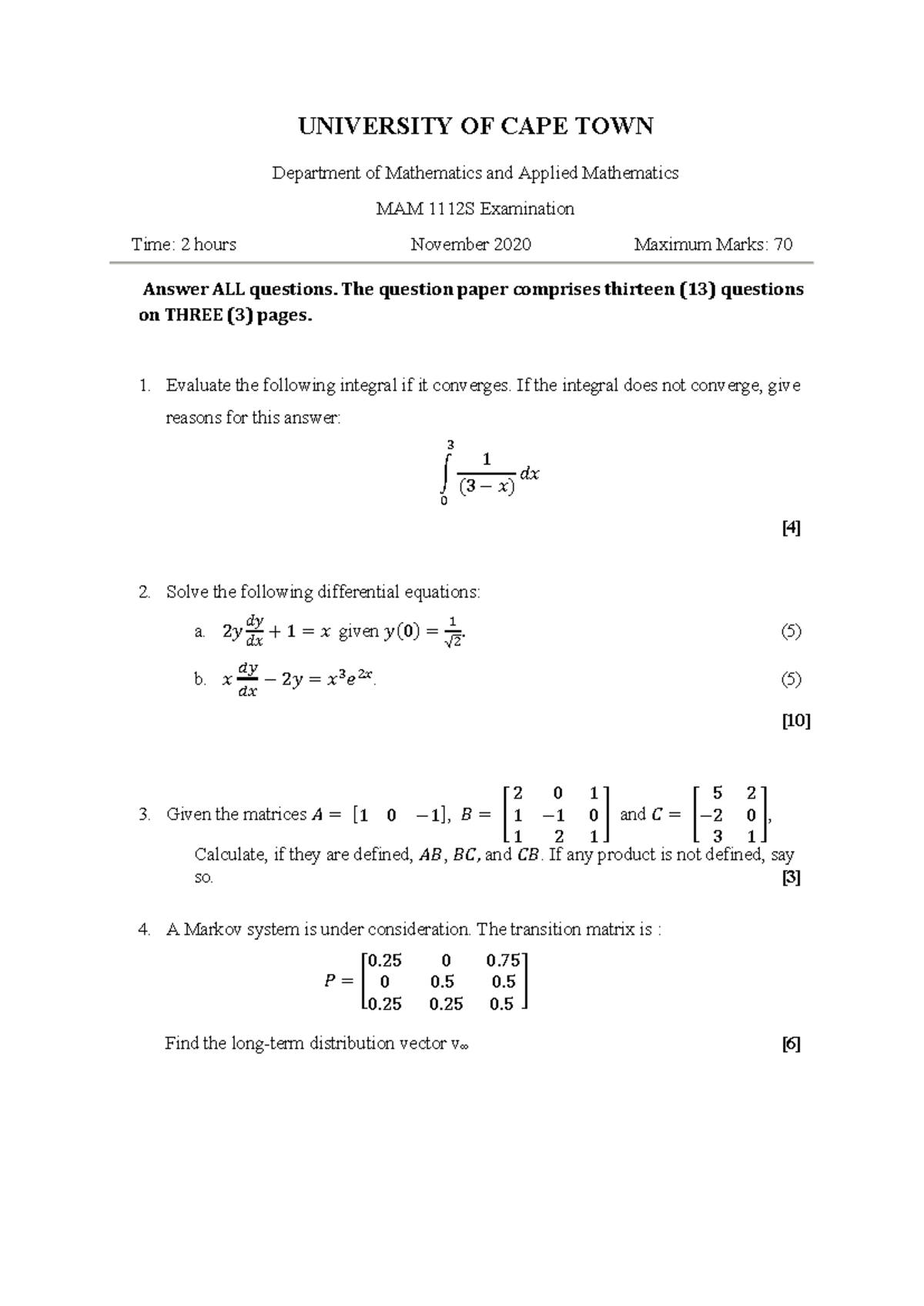 MAM1112S November 2020 Examination - Comprehensive Question Paper - Studocu