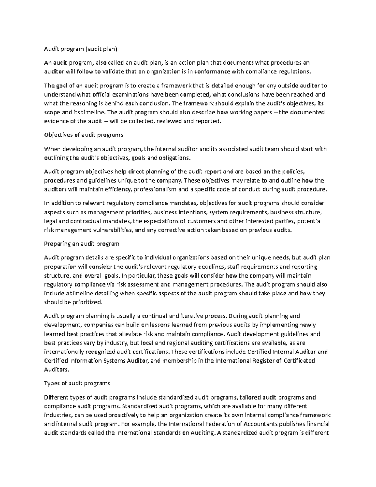Audit Program Overview and Key Objectives for Compliance - Studocu