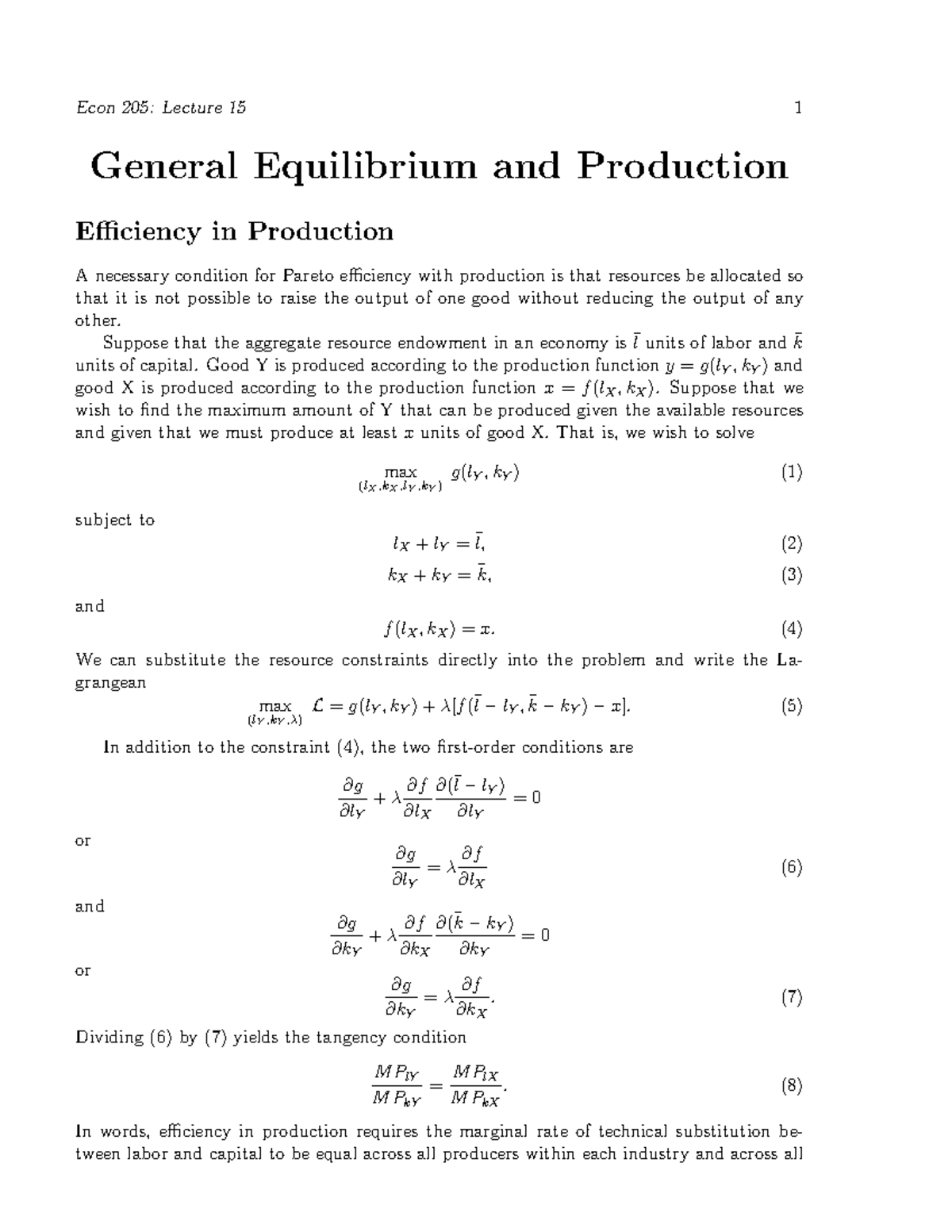 Lecture 15: General Equilibrium & Production Efficiency Notes - Studocu