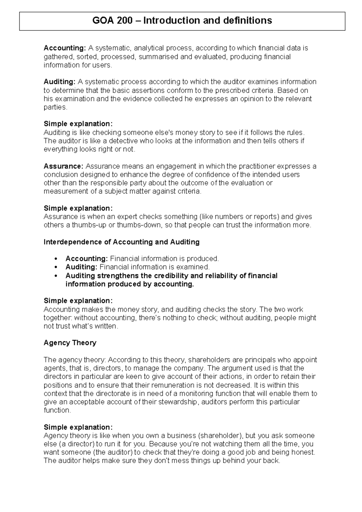 GOA 200 - Intro to Accounting, Auditing, and Agency Theory Notes - Studocu