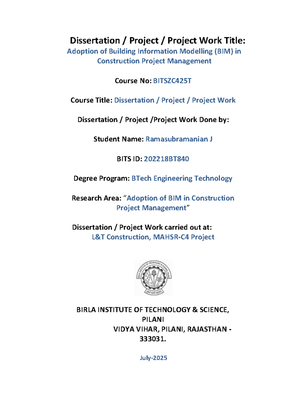 BITSZC425T Dissertation Project: Adoption of BIM in Construction ...