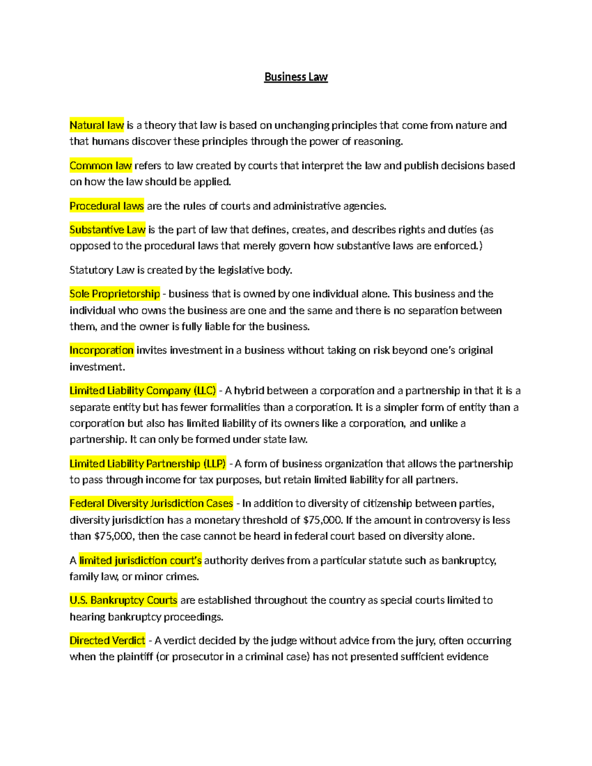 Business Law - Key Concepts and Principles Notes - Studocu