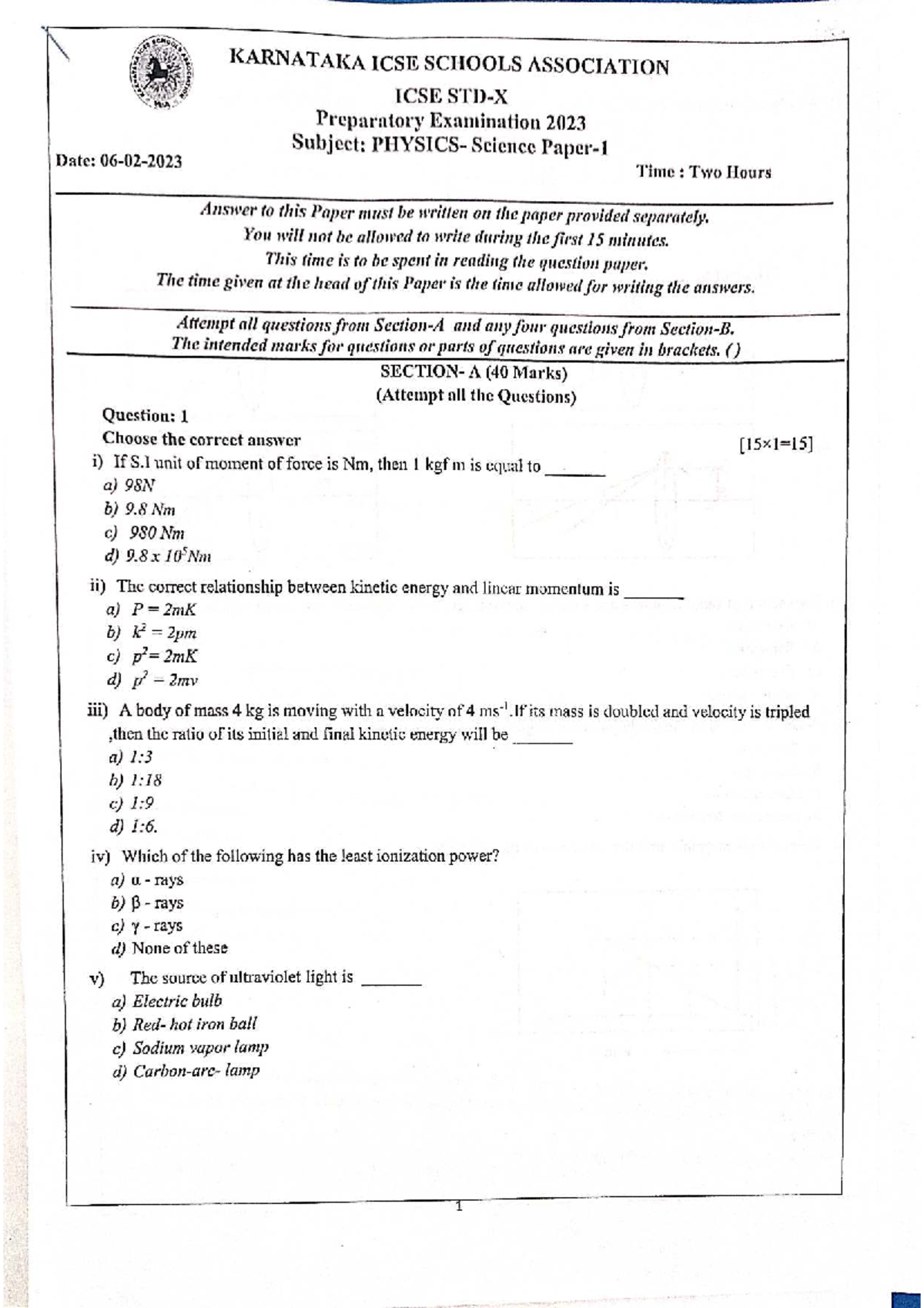 ICSE Physics Preparatory Exam 2023 - KISA QP - Studocu