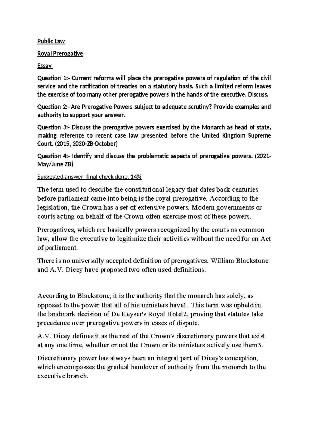 Public Essay Royal prerogative - Public Law Royal Prerogative Essay ...
