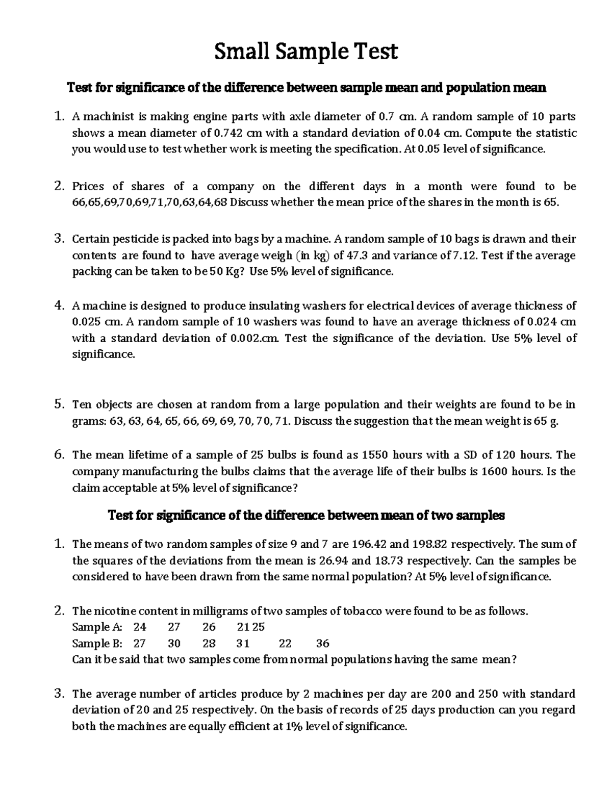 Small Sample Test: Significance of Mean Differences Analysis - Studocu