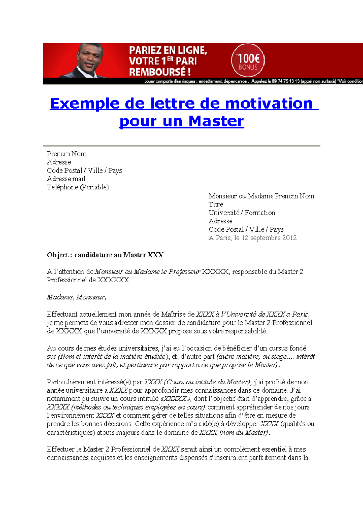 154592196 Lettre de Motivation pour Master 2 Professionnel - Studocu