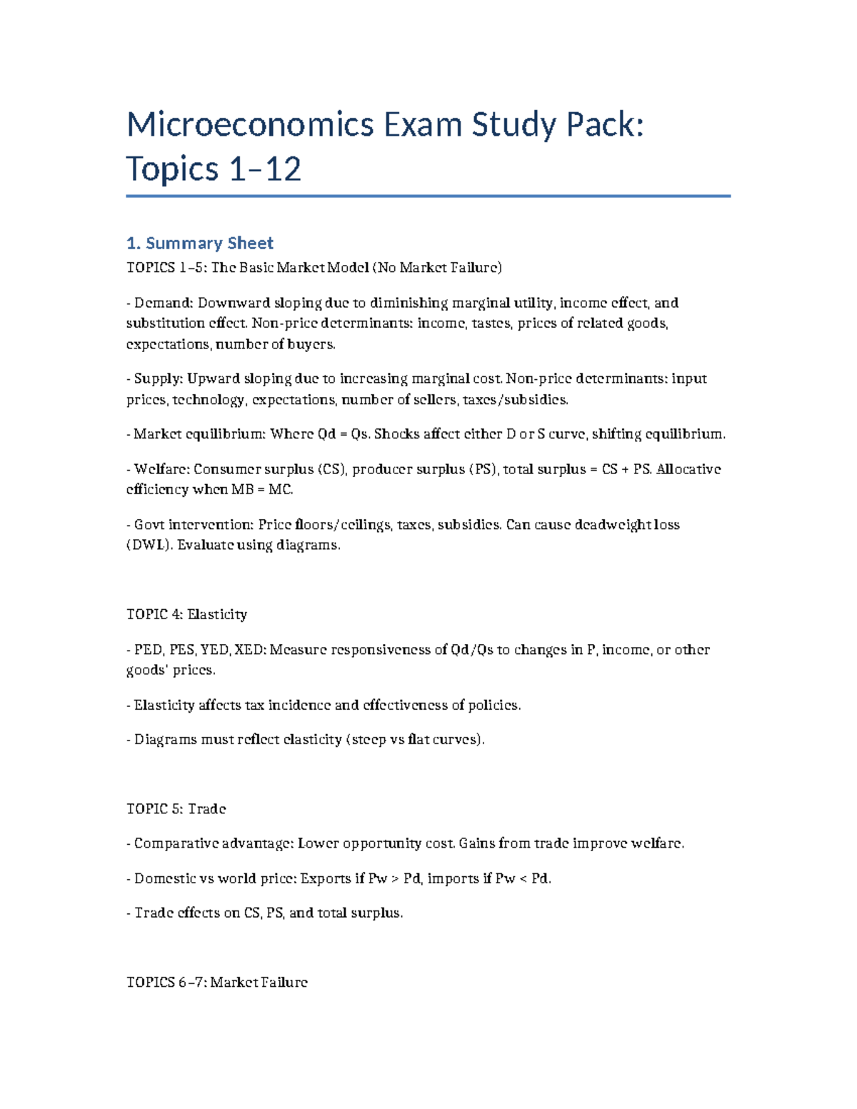 Microeconomics Exam Study Pack: Topics 1-12 Summary Guide - Studocu