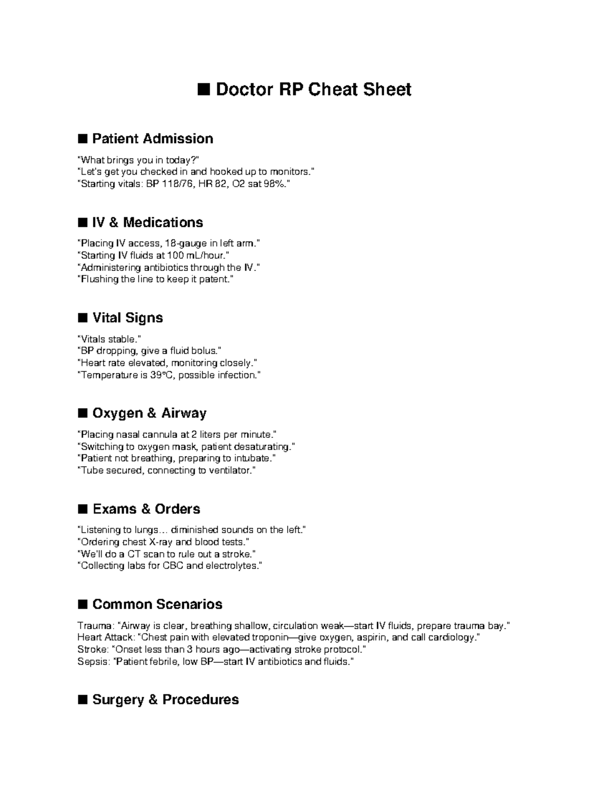 Doctor RP Cheat Sheet: Patient Admission & Vital Management - Studeersnel