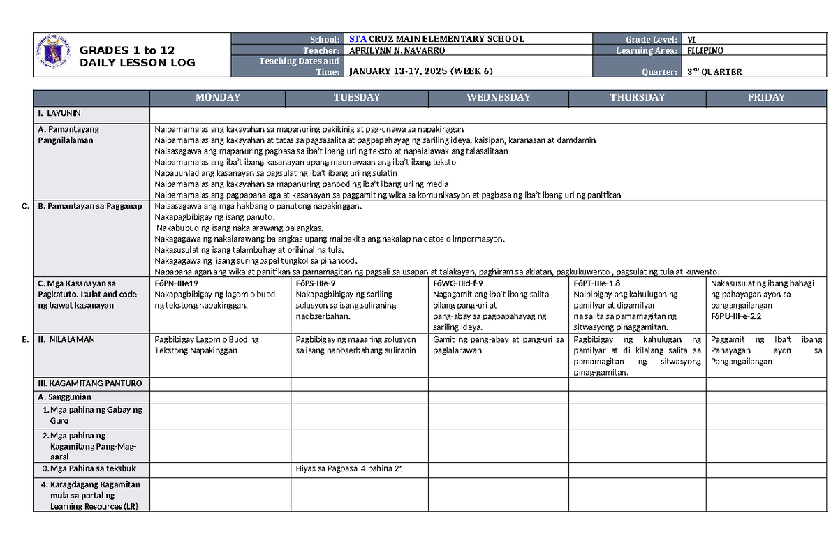 DLL Filipino 6 Q3 W6 - EDUCATION - GRADES 1 to 12 DAILY LESSON LOG ...