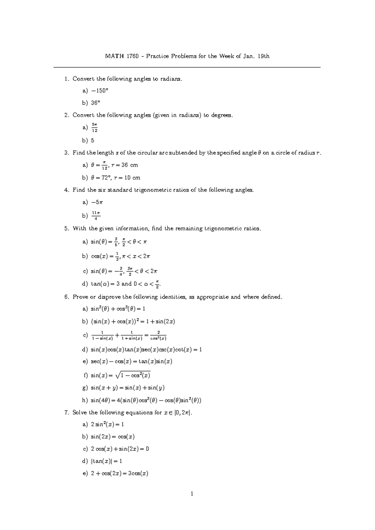 MATH 1760 Week 3 Quiz Practice Problems on Trigonometry - Studocu
