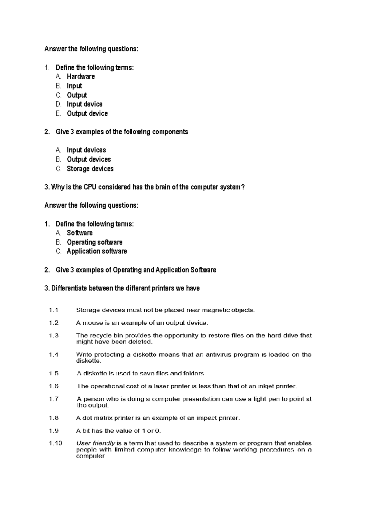 COMPUTER PRACTICE 101 ACTIVITY. - Answer the following questions ...