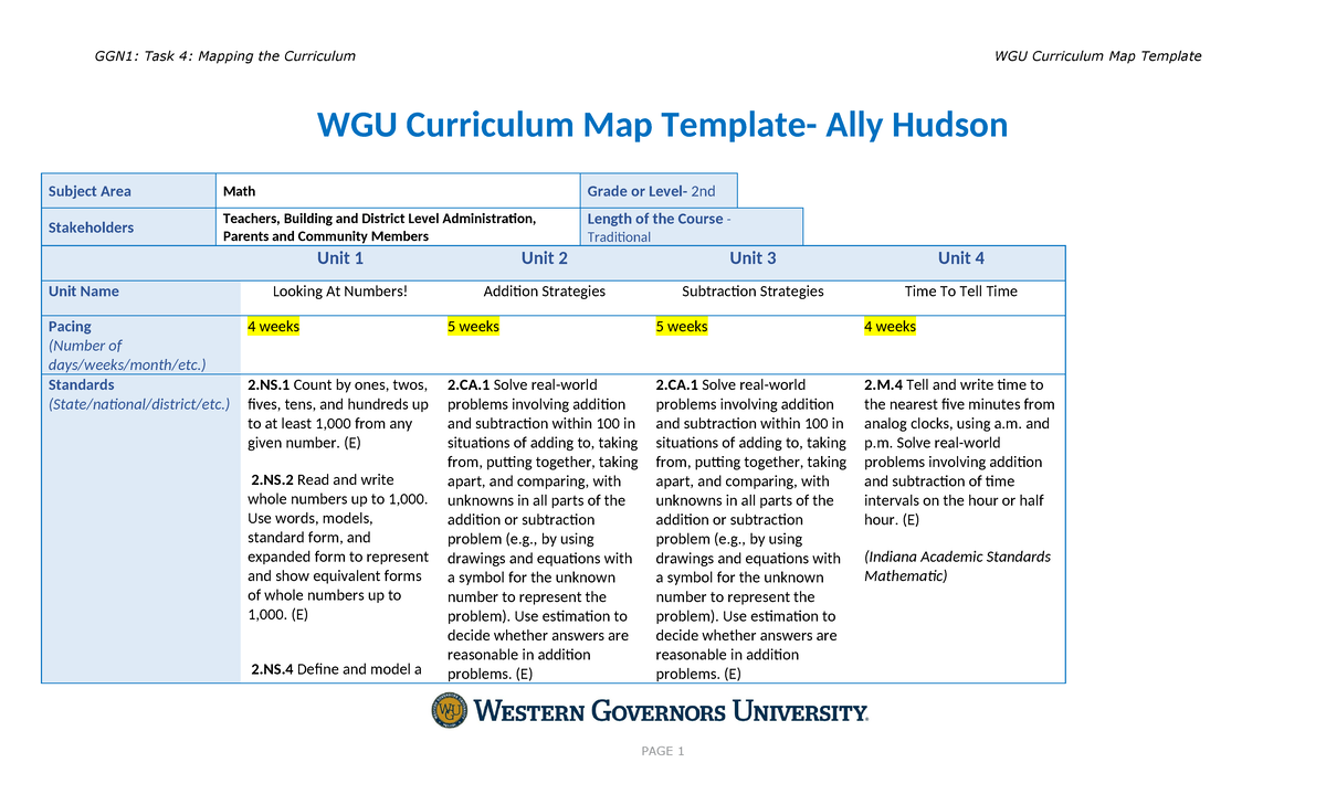 WGU D360 Curriculum Map for 2nd Grade Math - Unit Breakdown - Studocu