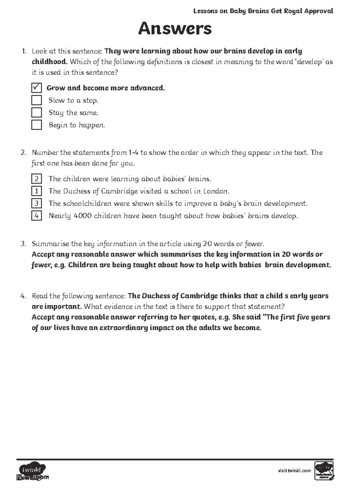 Baby Brain Development Lessons - KS2 Daily Article Answers - Studocu