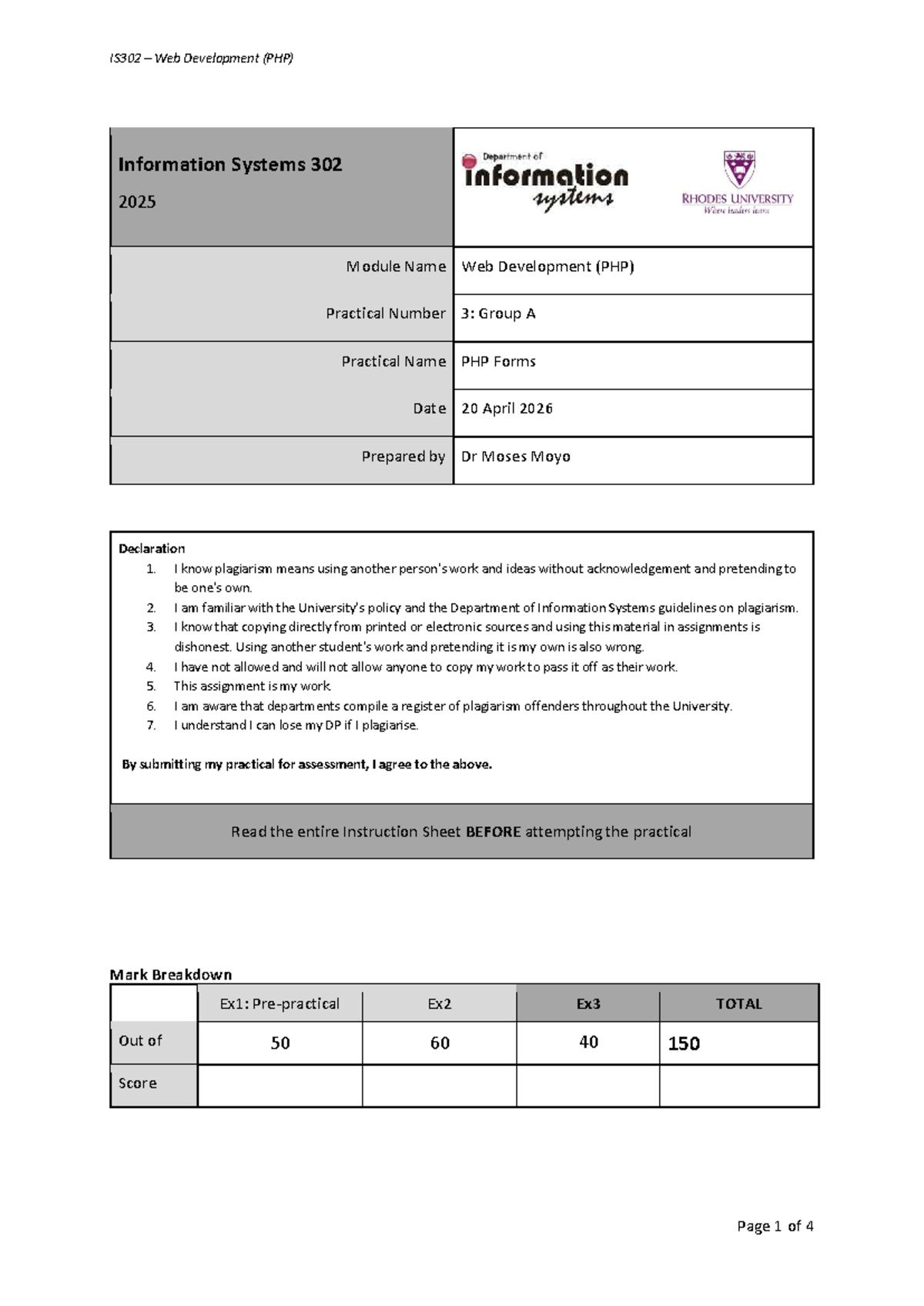 IS302 Web Development (PHP) Practical 3: Group A Instructions 2026 ...