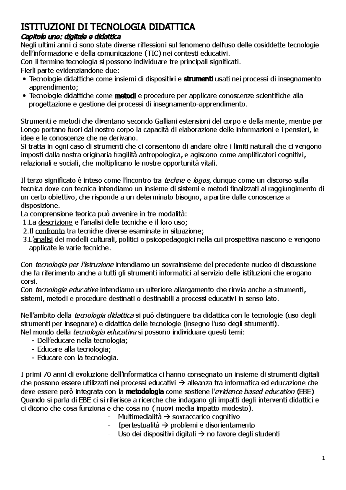Riassunto delle Istituzioni di Tecnologia Didattica e Approcci ...