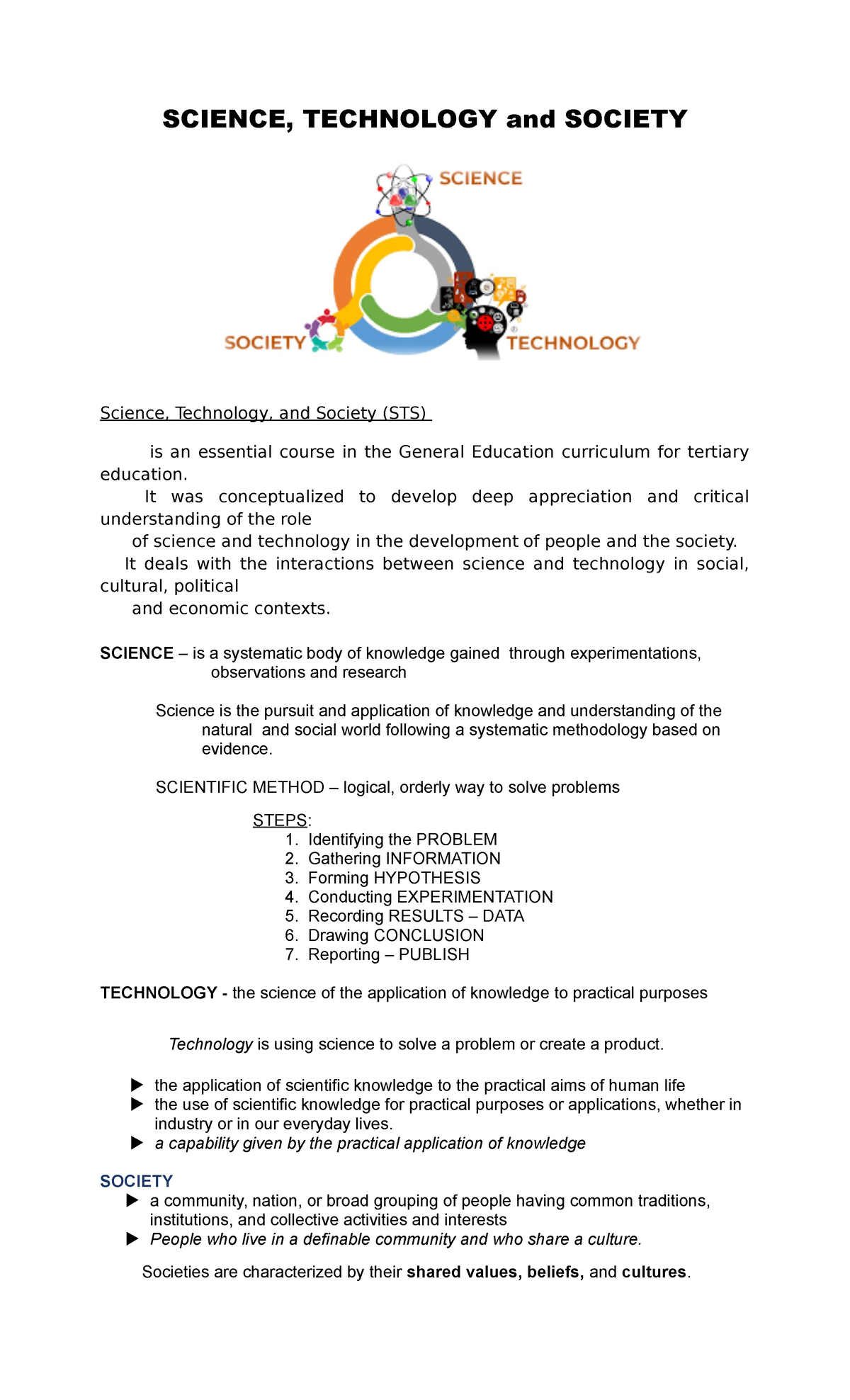 Lesson 1: Introduction to Science, Technology & Society (STS) - Studocu