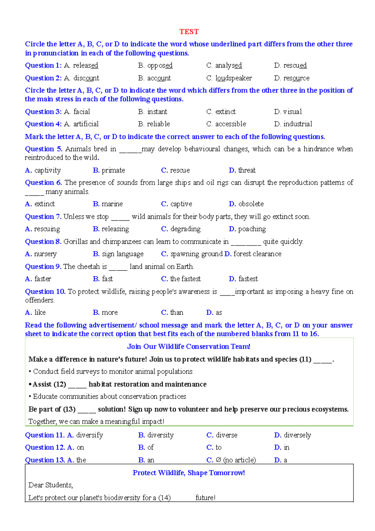 HS UNIT 1 TEST 1 - Pronunciation and Stress Practice - Studocu