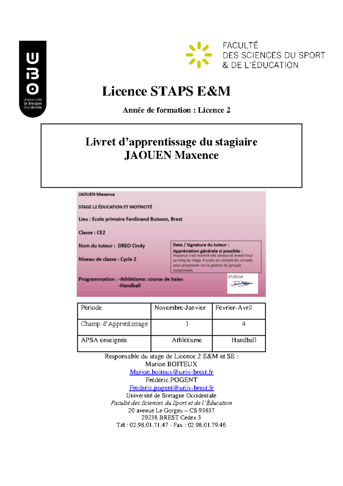 Livret de Stage Licence STAPS L2 - JAOUEN Maxence - Studocu