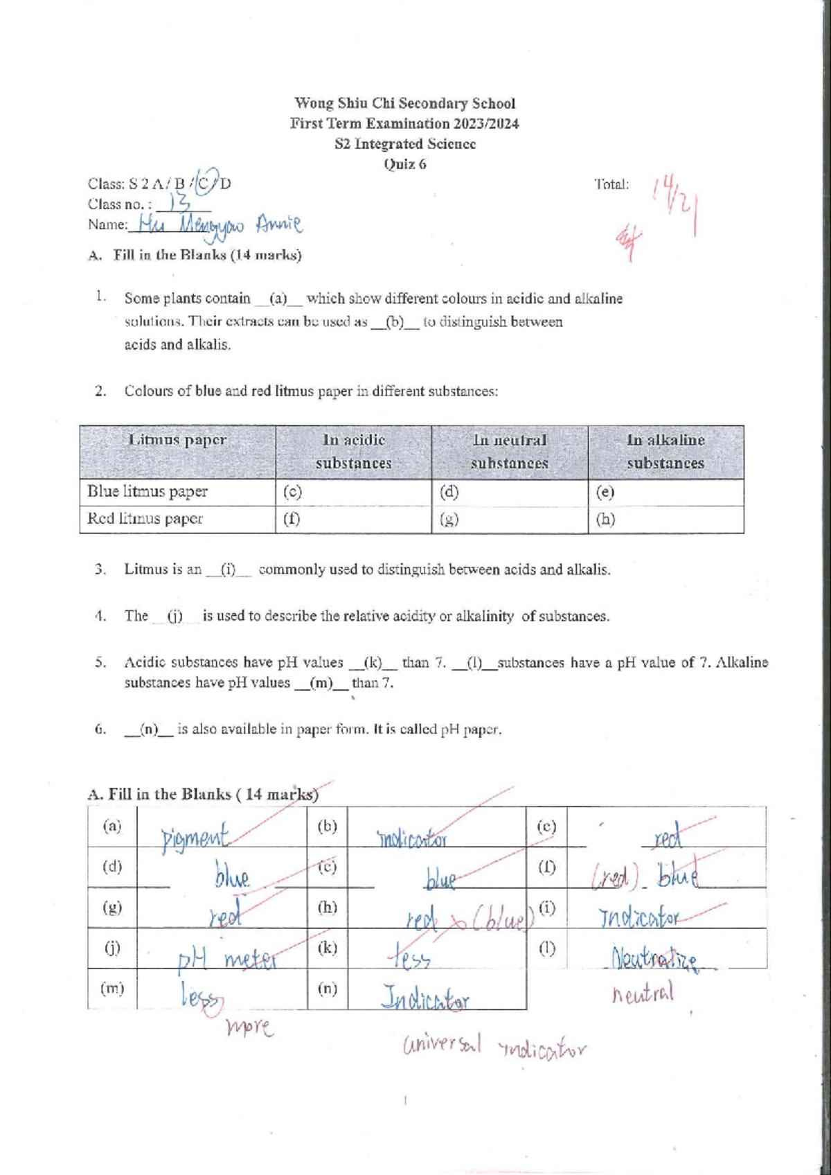 S2 Integrated Science Quiz 6 - 1st Term Exam 23-24 - Studocu