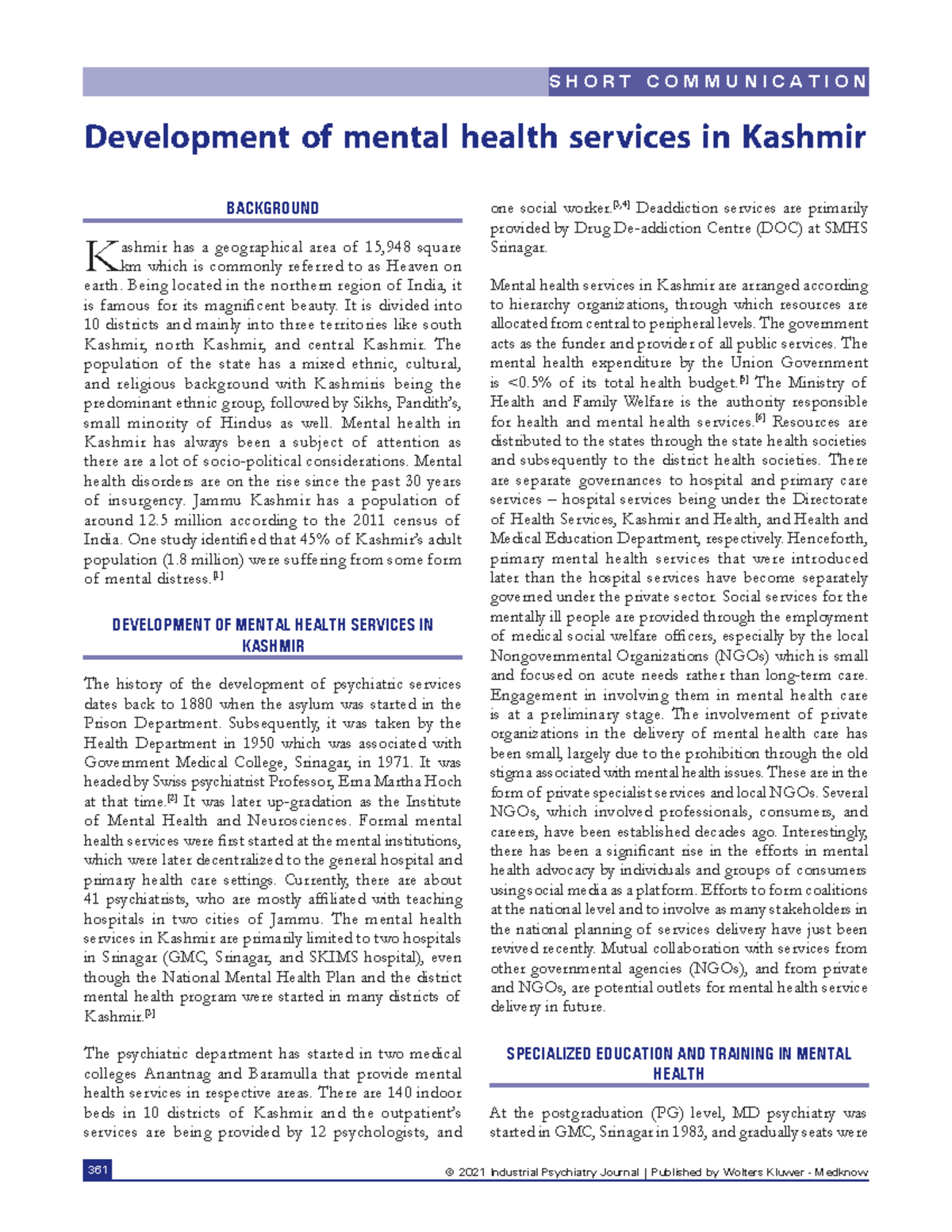 Development of Mental Health Services in Kashmir: A Historical Overview ...