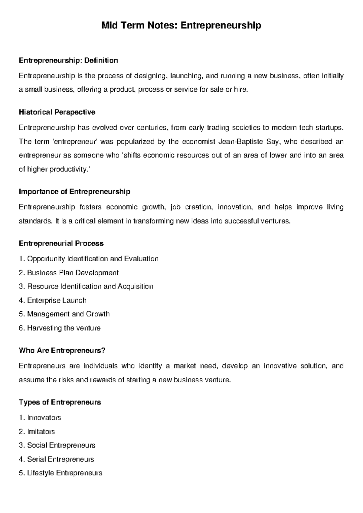 ENTR 101 Mid Term Study Notes: Key Concepts in Entrepreneurship - Studocu