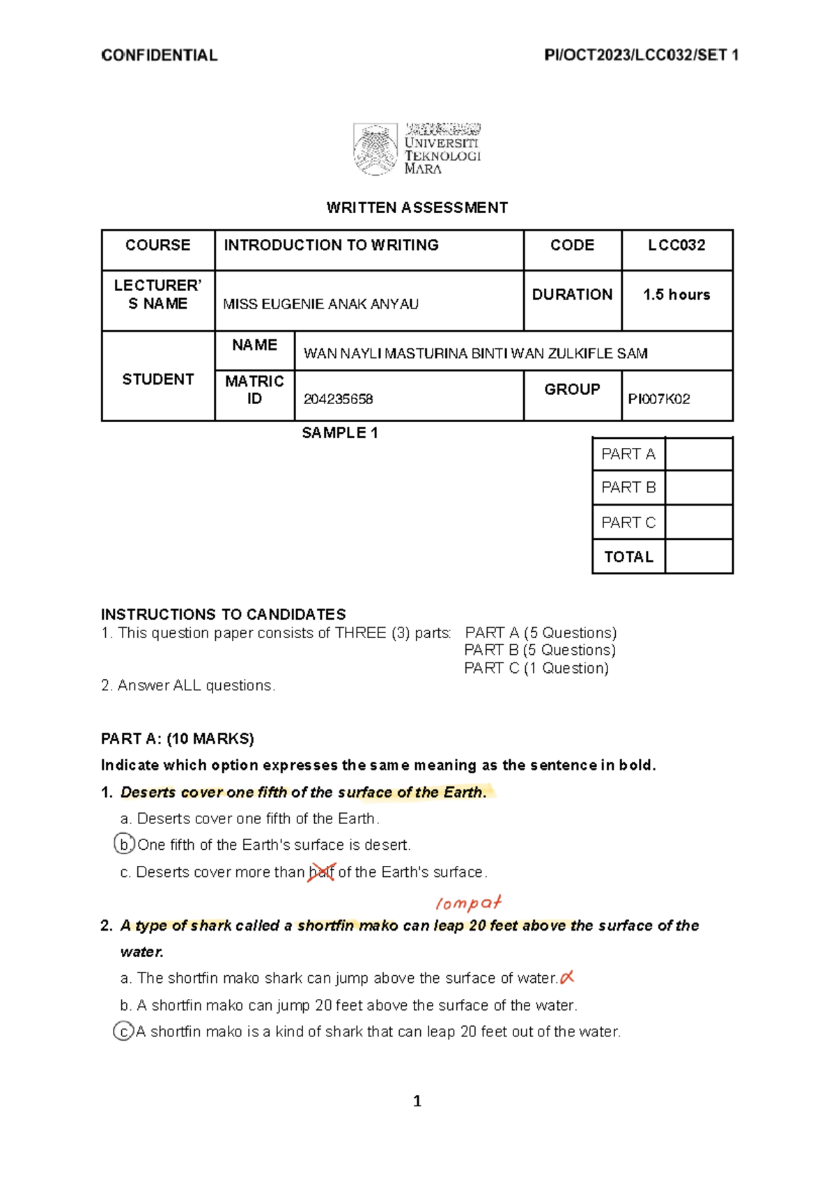 LCC032 Written Assessment 1 Sample: Structure & Paraphrase Questions ...