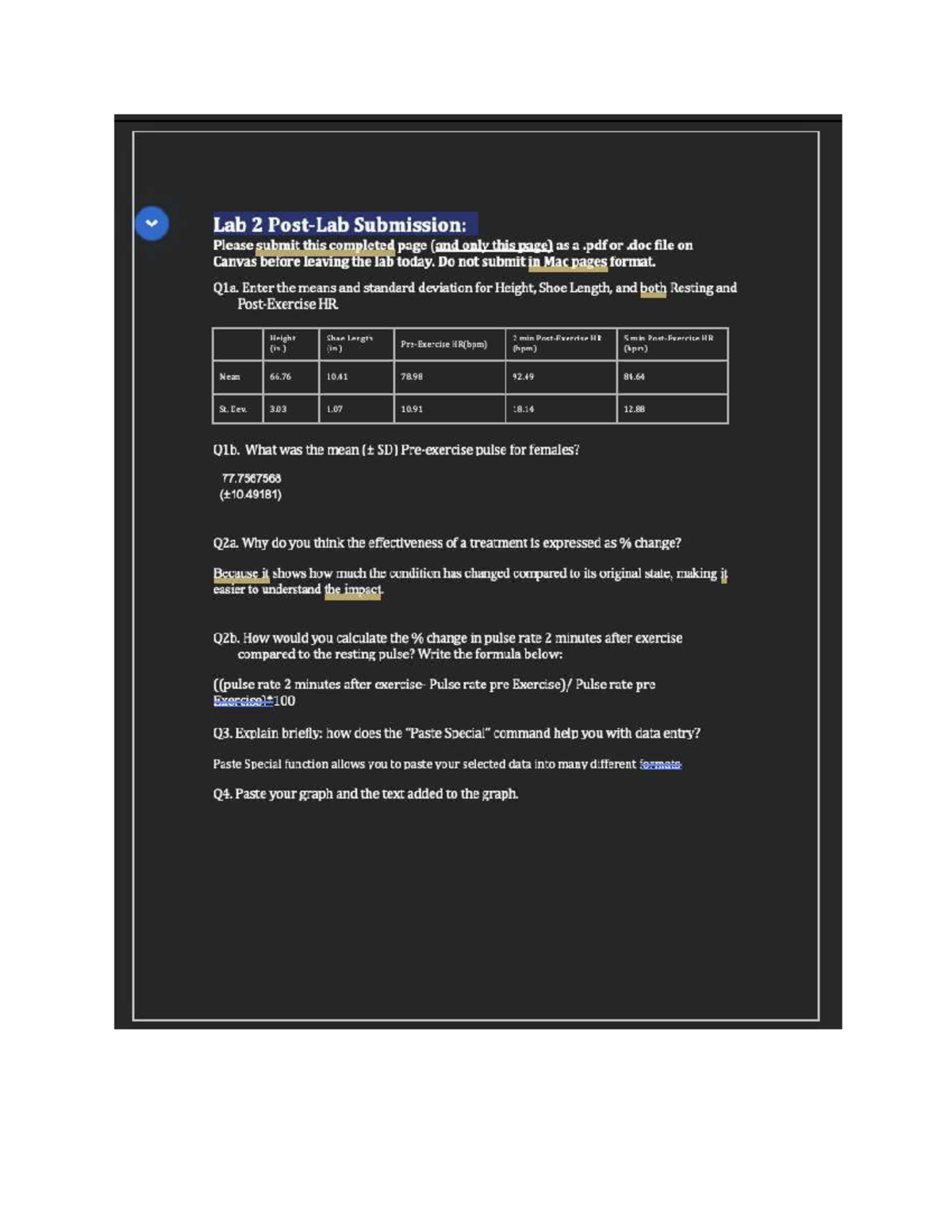 Lab 2 Submission: Data Analysis of Pulse Rates and Measurements - Studocu