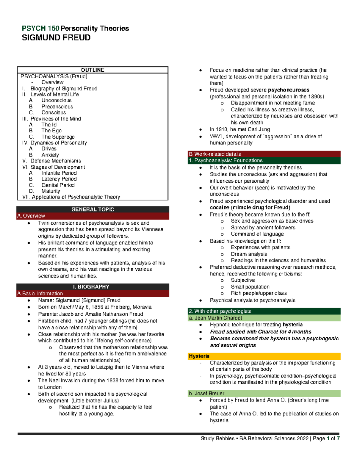 Psych 150 - Freud - Comprehensive Lecture Notes on Psychoanalysis - Studocu