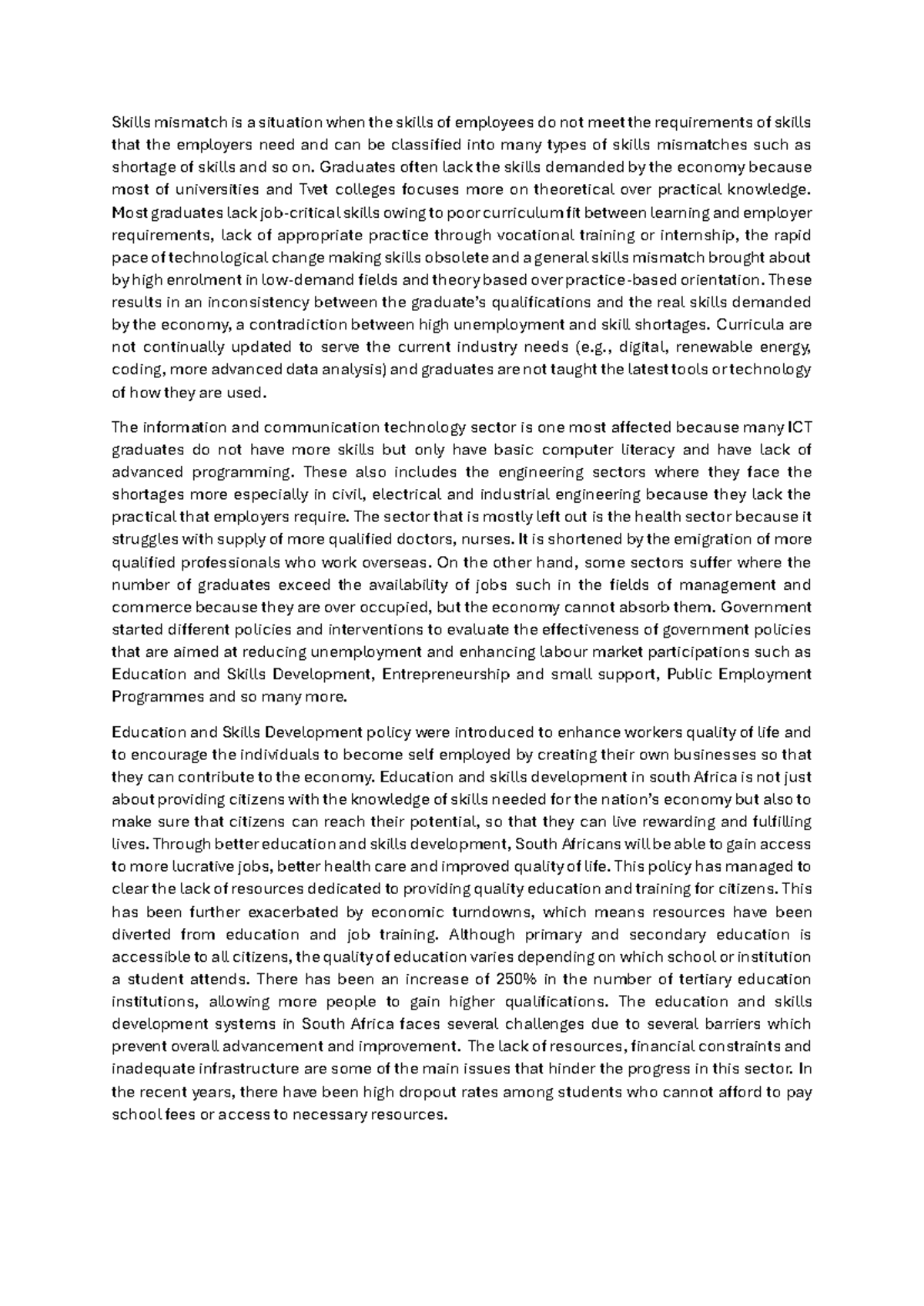 Skills Mismatch in South Africa: Challenges and Policy Solutions - Studocu
