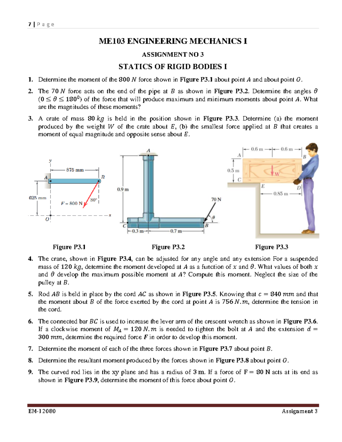 ME103 Assignment 03: Statics of Rigid Bodies I Problem Set - Studocu
