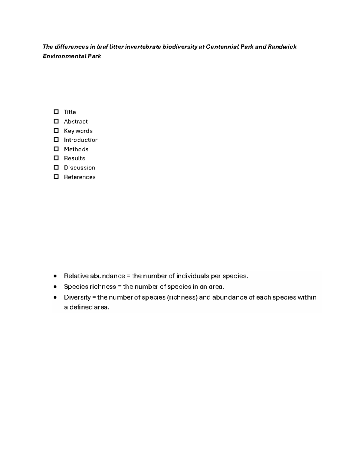 Invertebrate Biodiversity Assessment Report Draft [BIOS 1301] - Studocu