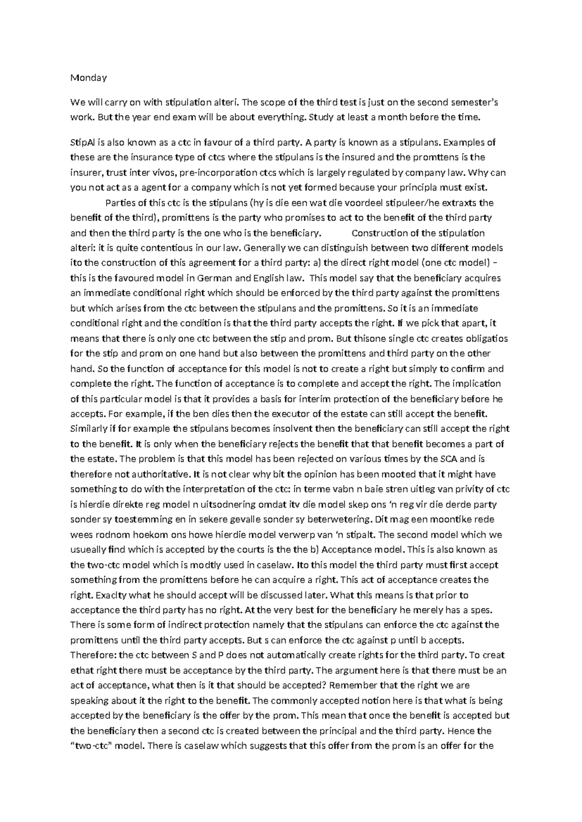CN 3101: Law of Contract - Stipulation Alteri & Acceptance Models Notes ...
