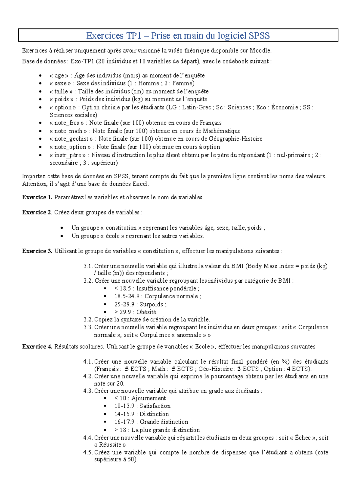 Exercices TP1 - Prise en main SPSS et Analyse de Données - Studocu