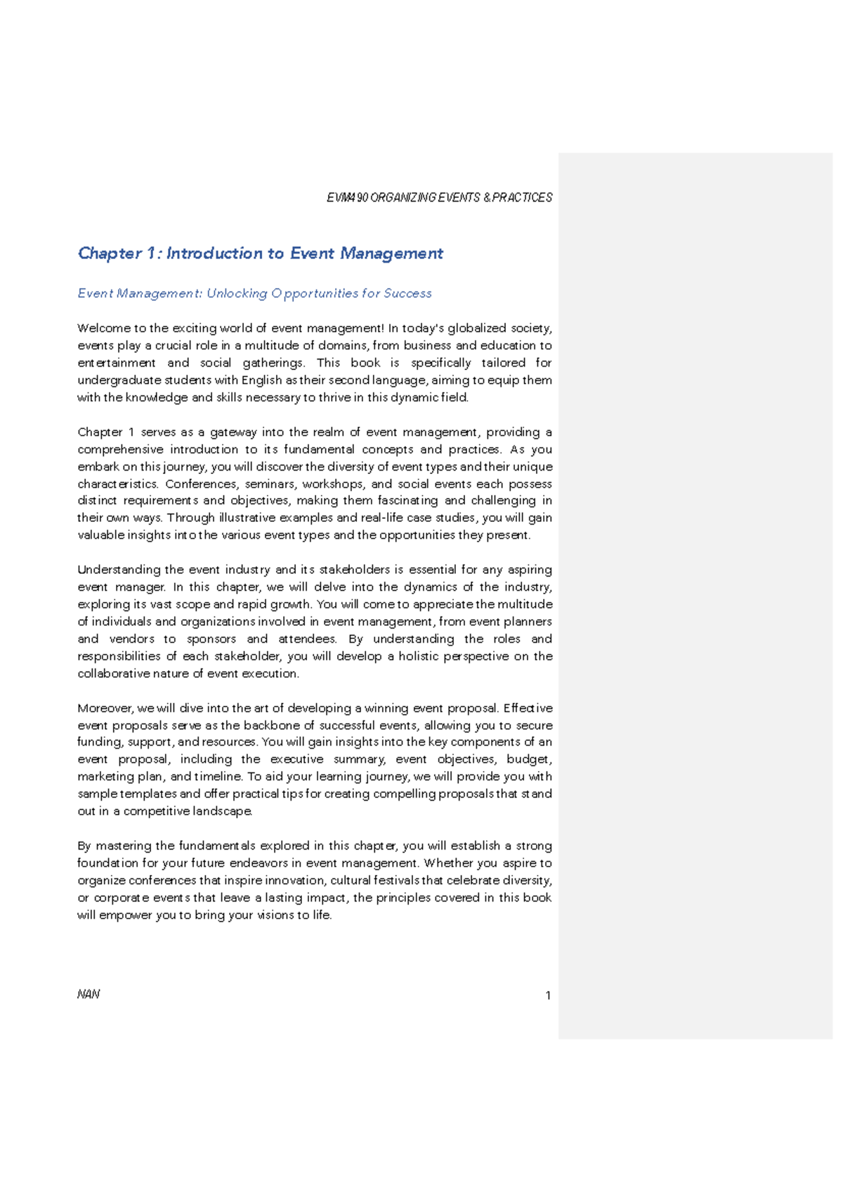 Chapter 1: Introduction to Event Management for ESL Students - Studocu