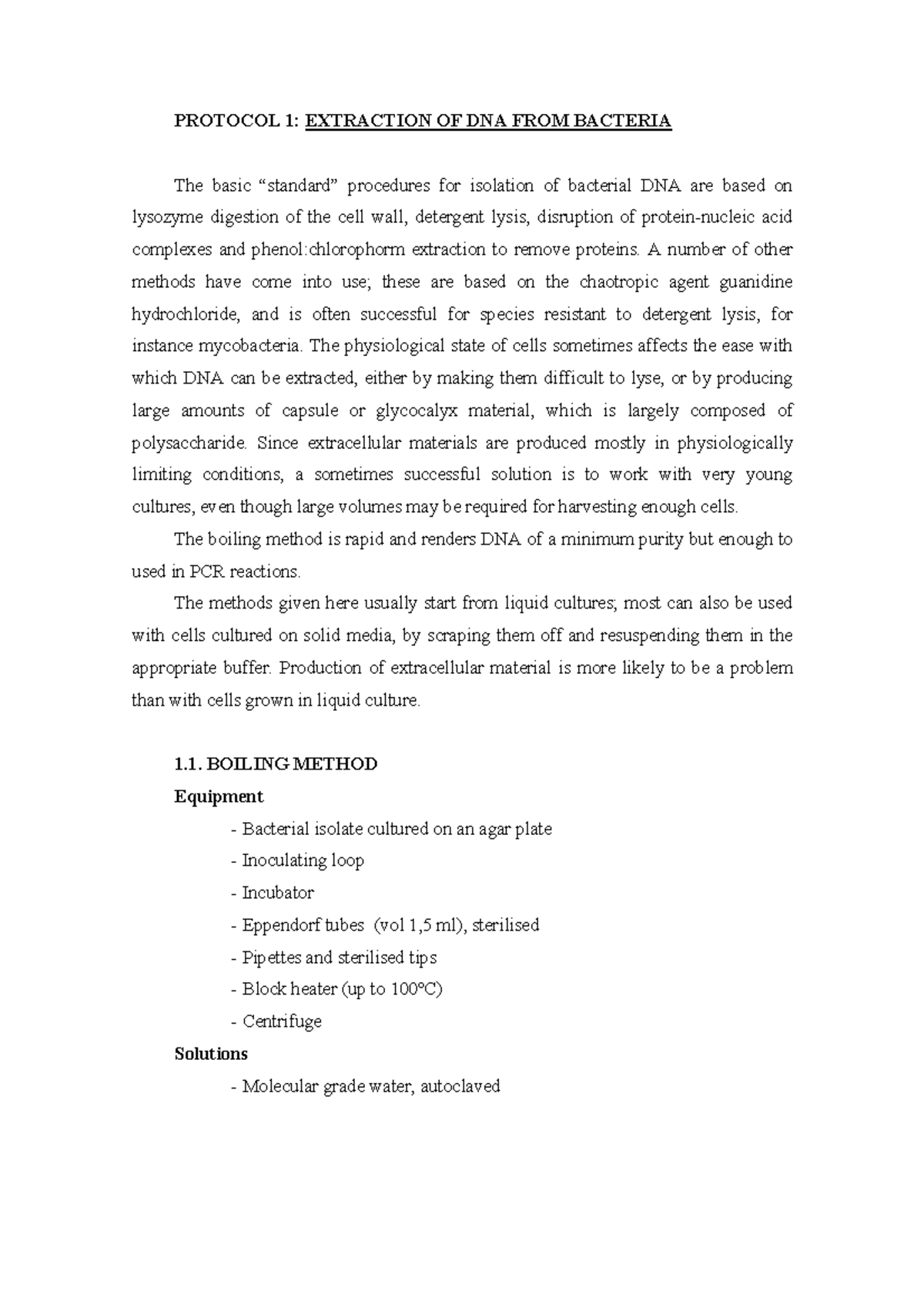 DNA Extraction Protocols from Bacteria for Lab Use (BIO 101) - Studocu