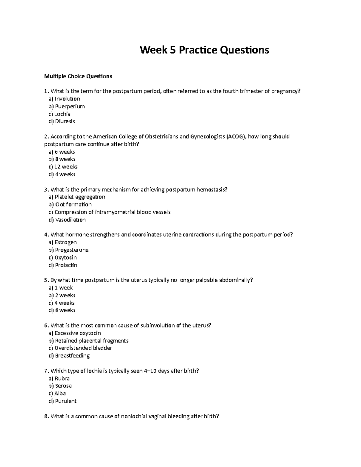 OB 101 Week 5 Practice Questions: Postpartum Care and Complications ...