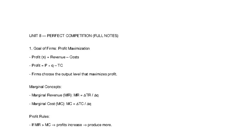 Unit 8: Perfect Competition - Comprehensive Study Notes - Studocu