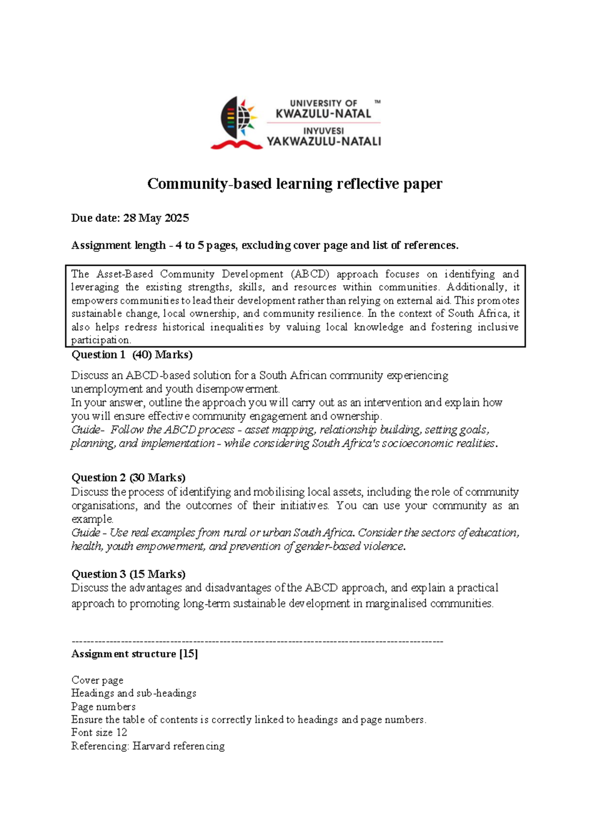 ABCD Approach: Reflective Paper on Community Development in SA - Studocu