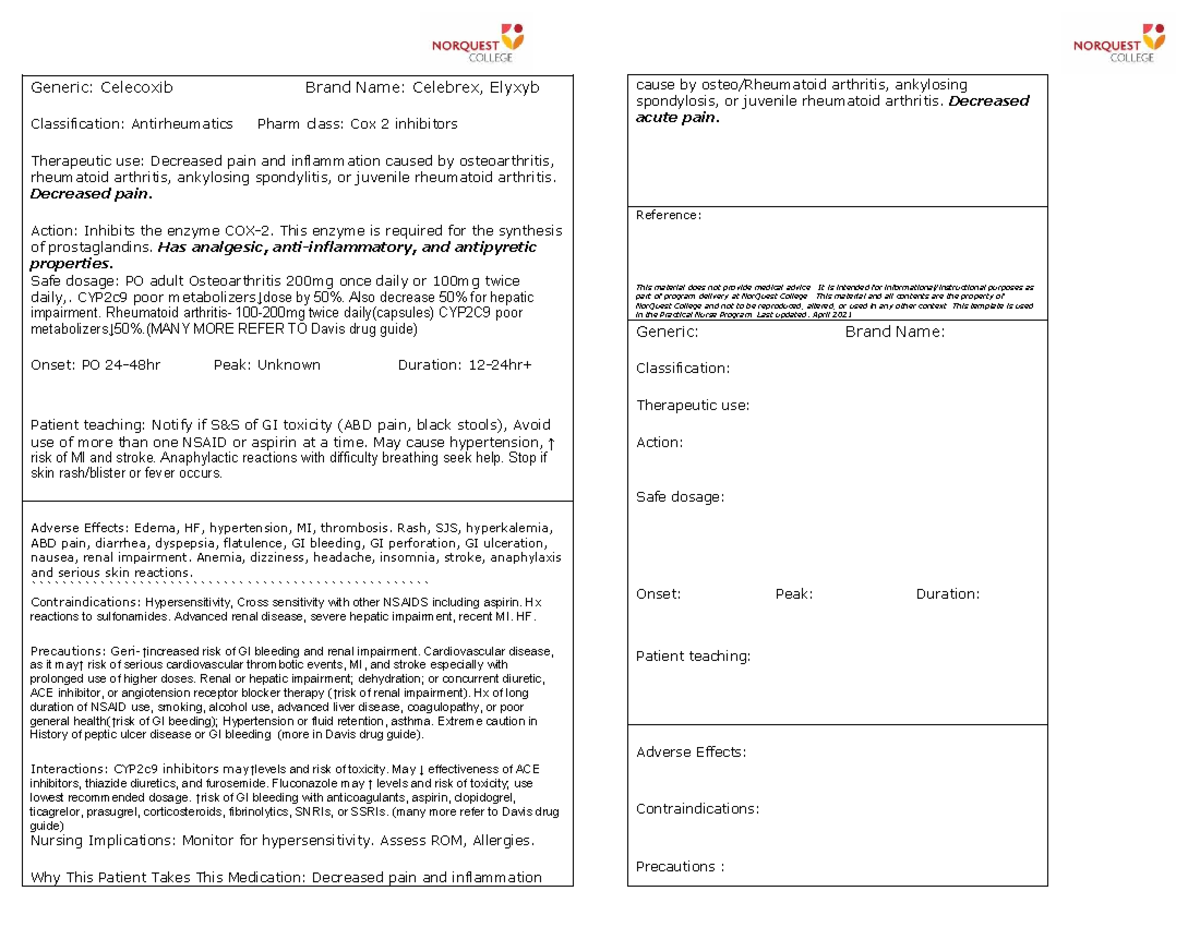 Celecoxib (Celebrex) Drug Med Card - Practical Nurse Program - Studocu