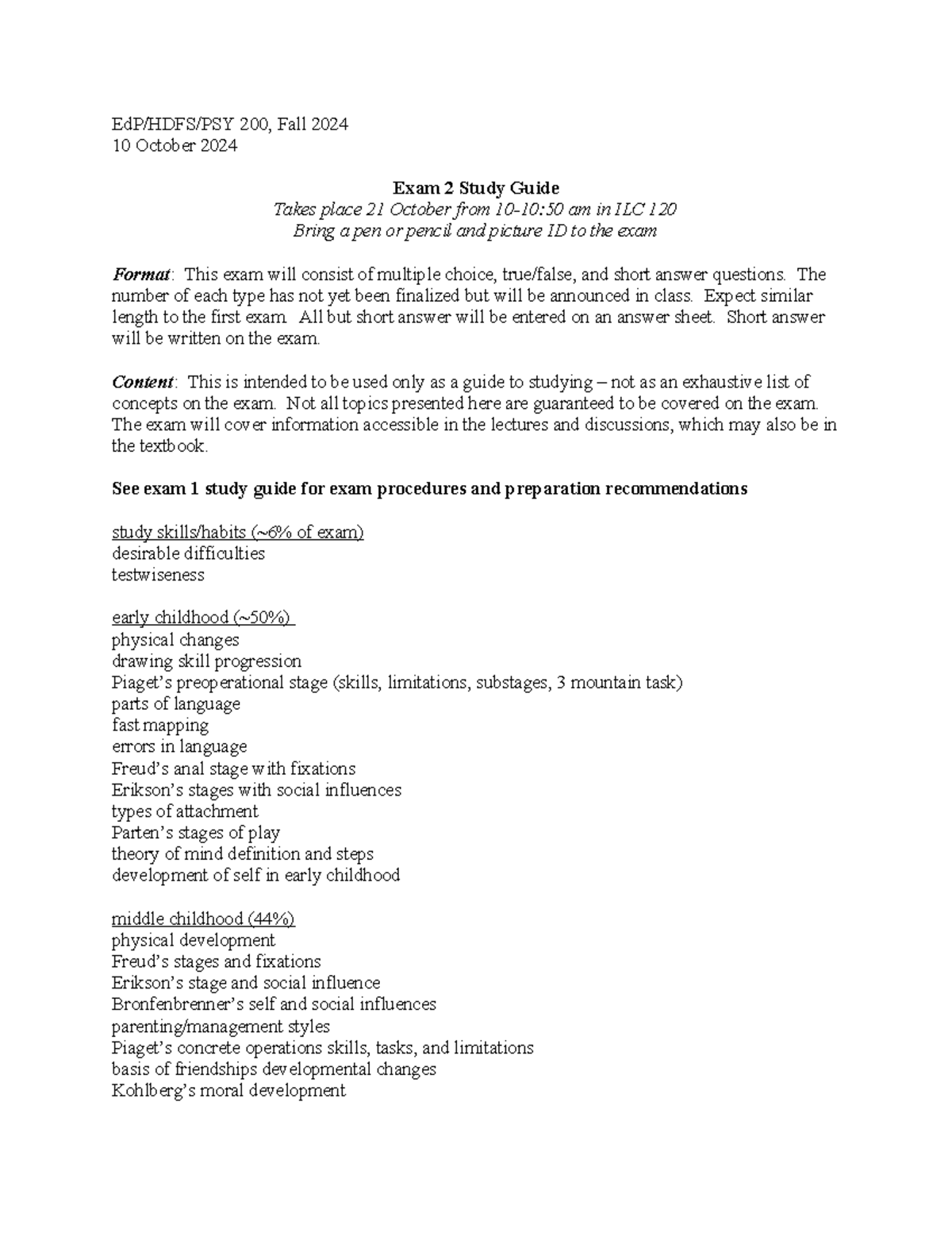 Exam 2 Study Guide for EdP/HDFS/PSY 200, Fall 2024 - EdP/HDFS/PSY 200 ...