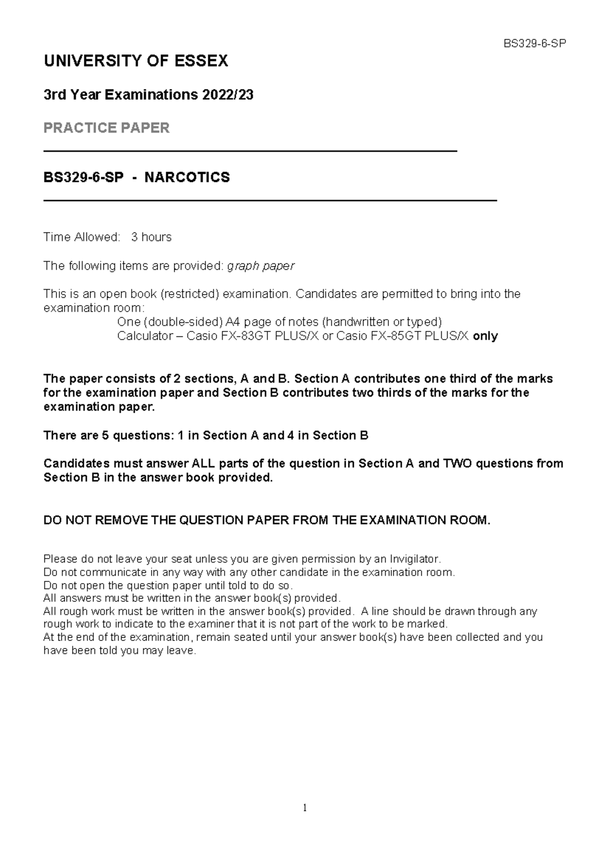 BS329 Practice Exam Paper - Narcotics Study Guide - Studocu