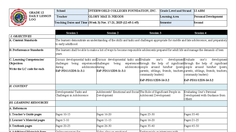 WEEK 3 PER DEV - DLL WEEK 3 - GRADE 12 DAILY LESSON LOG School ...