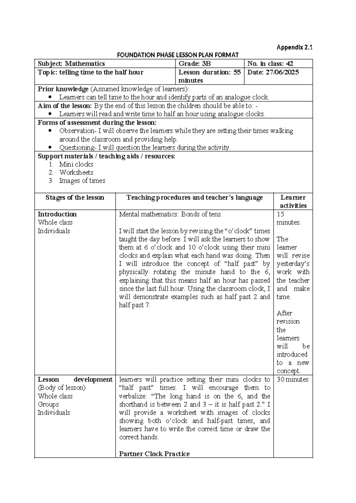 FOUNDATION PHASE MATH LESSON PLAN: Telling Time (Grade 3B) - Studocu