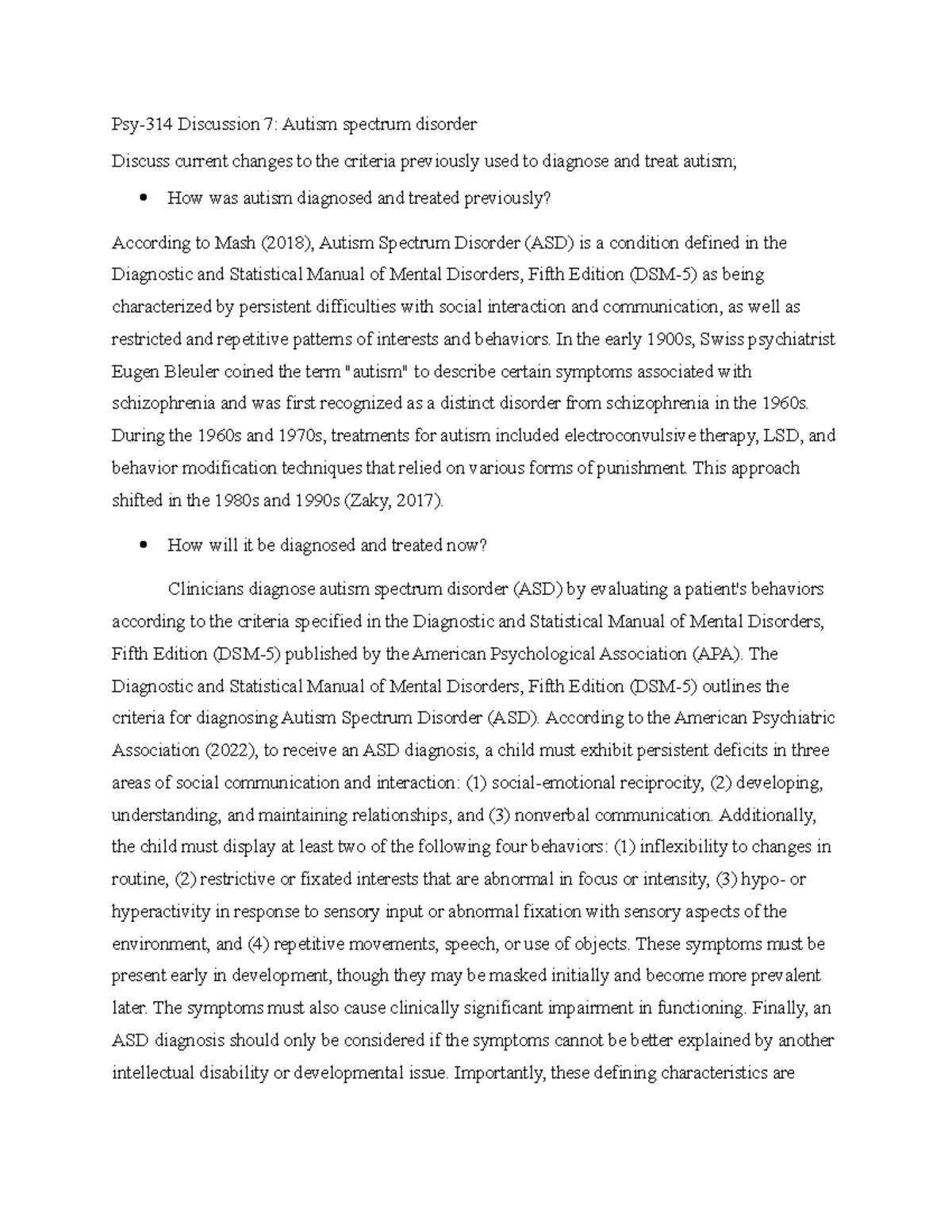 Psy-314 Discussion 7 - Received an A - Psy-314 Discussion 7: Autism ...