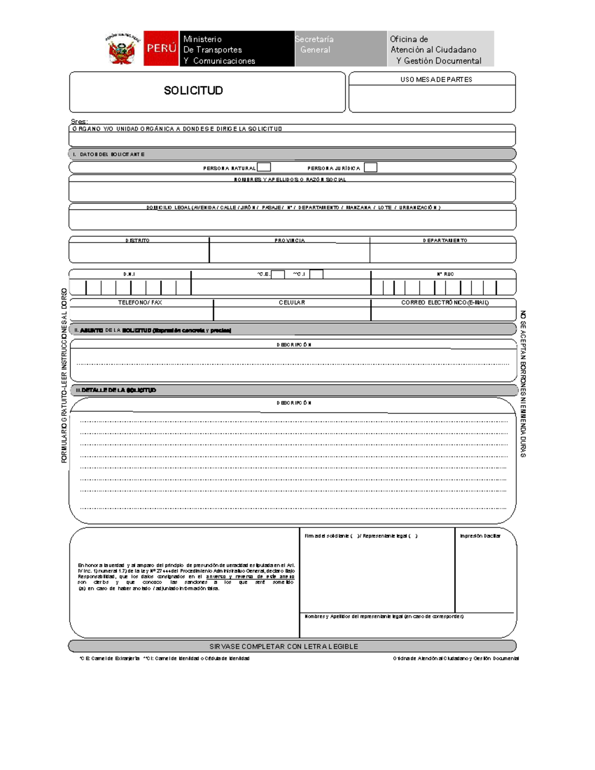 Solicitud MTC - Uso de Mesa de Partes y Atención al Ciudadano - Studocu