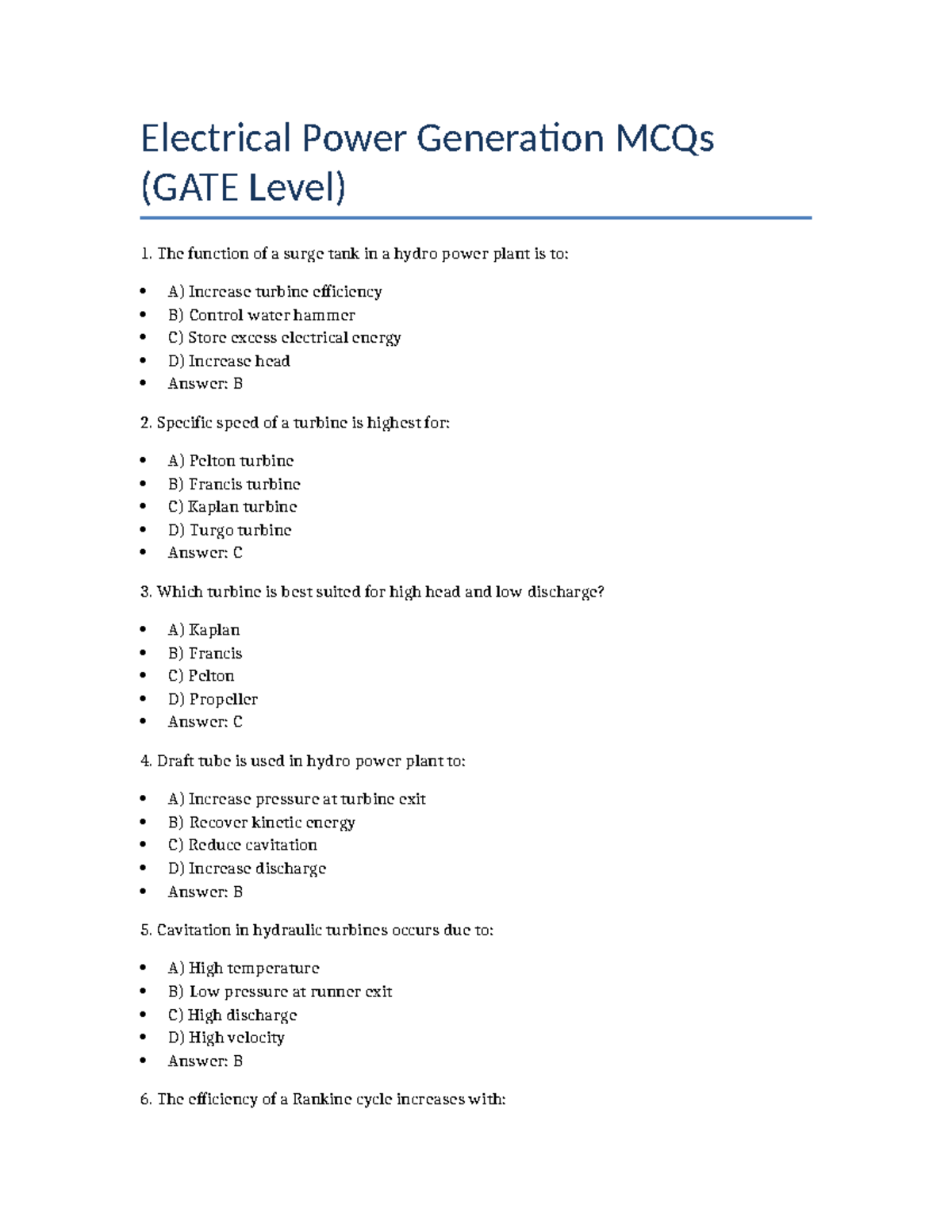 EEE Power Generation MCQs: GATE Level Questions & Answers - Studocu