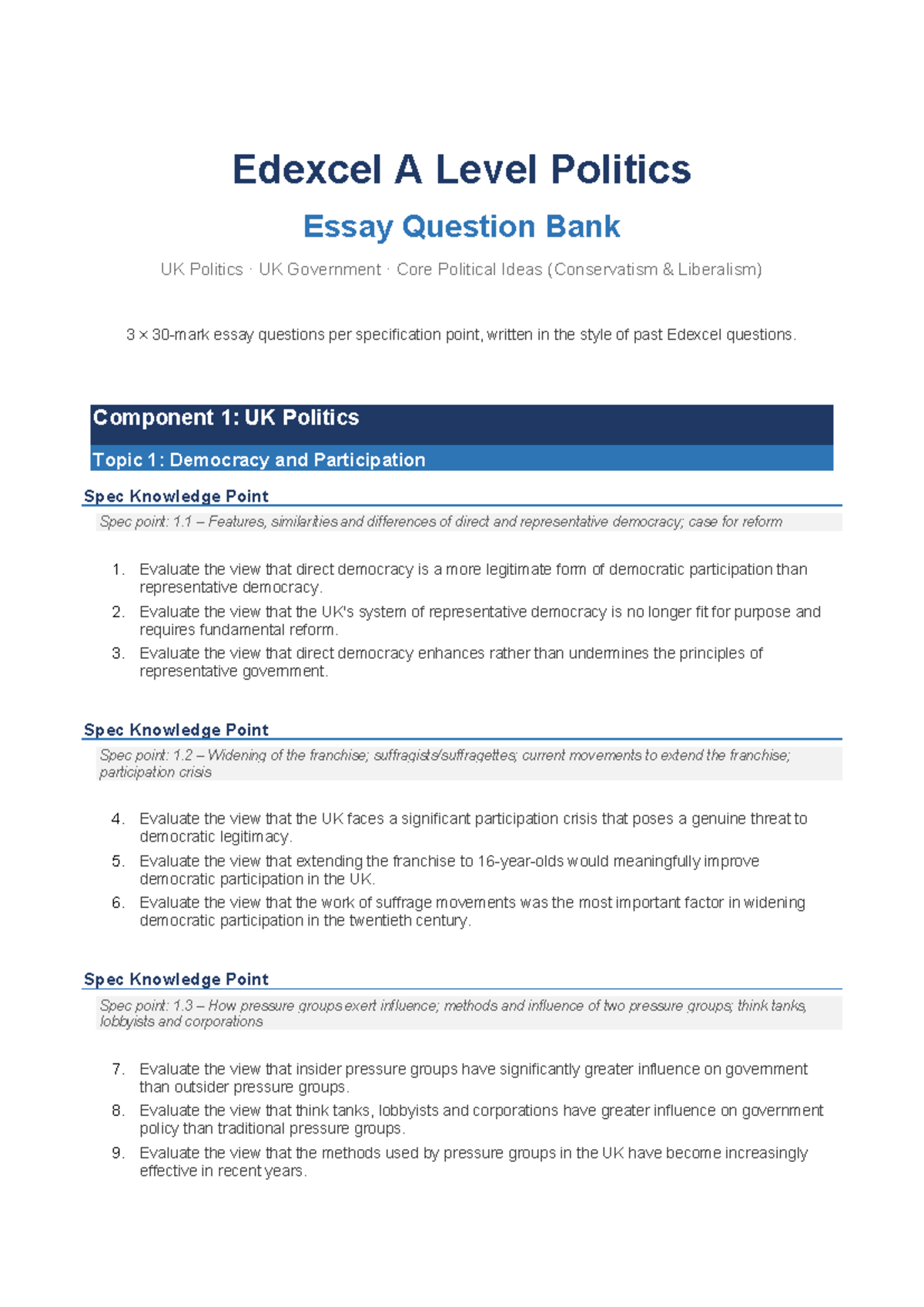 Edexcel A Level Politics Essay Question Bank: UK Politics & Government ...
