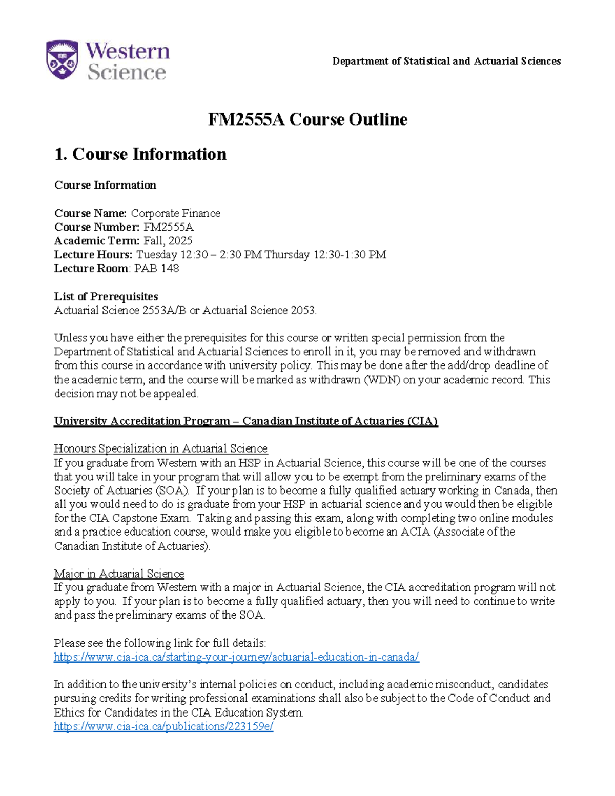 FM2555A Corporate Finance Course Outline - Fall 2025 - Studocu